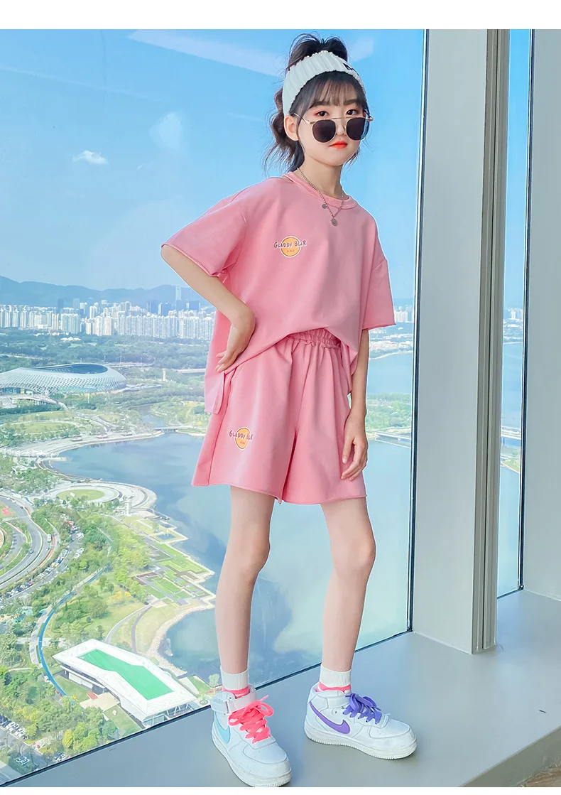 GOSOPIN Girls Summer T-Shirt and Drawstring Shorts Set Kids Print Tracksuit Sets with Pockets 